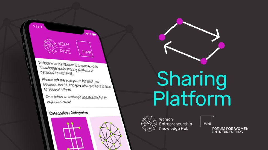 A graphic showing the WEKH/FWE: Sharing Platform on a mobile phone, with text reading "Sharing Platform" and the logos for the Women Entrepreneurship Knowledge Hub and the Forum for Women Entrepreneurs.