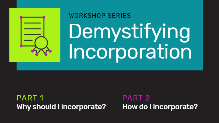 A graphic advertising the “Demystifying Incorporation” series in dark grey with a certificate and seal icon