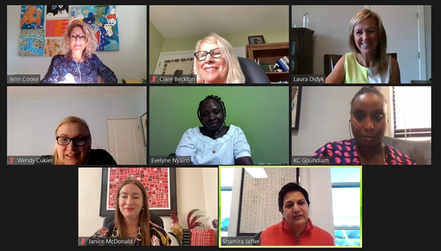 A screenshot of speakers and panelists featured during the “Growing Global” webinar, with Shamira Jaffer speaking