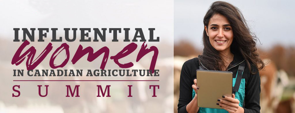 A woman holding a notebook pictured in a dairy farm beside text reading, “Influential Women in Canadian Agriculture Summit”