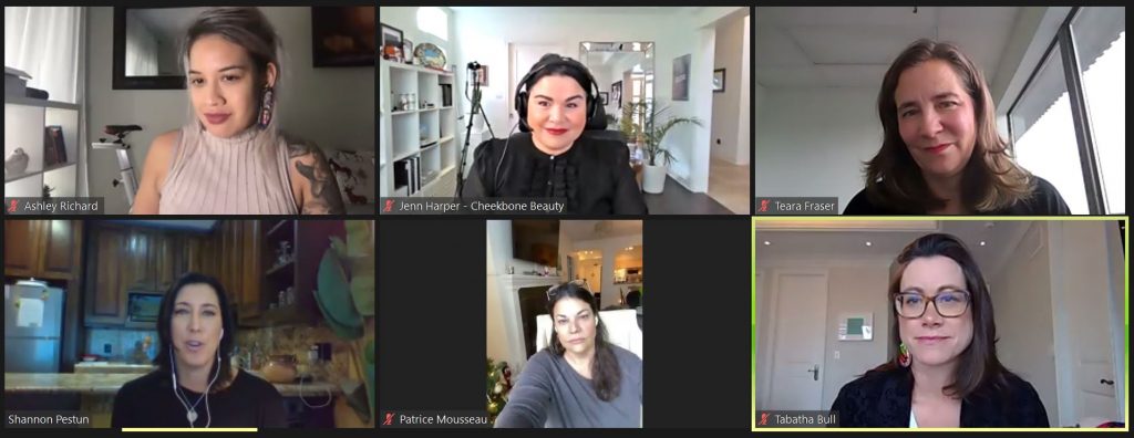A screenshot of webinar participants Ashley Richard, Jenn Harper, Teara Fraser, Shannon Pestun, Patrice Mousseau and Tabatha Bull on Zoom with Shannon Pestun speaking