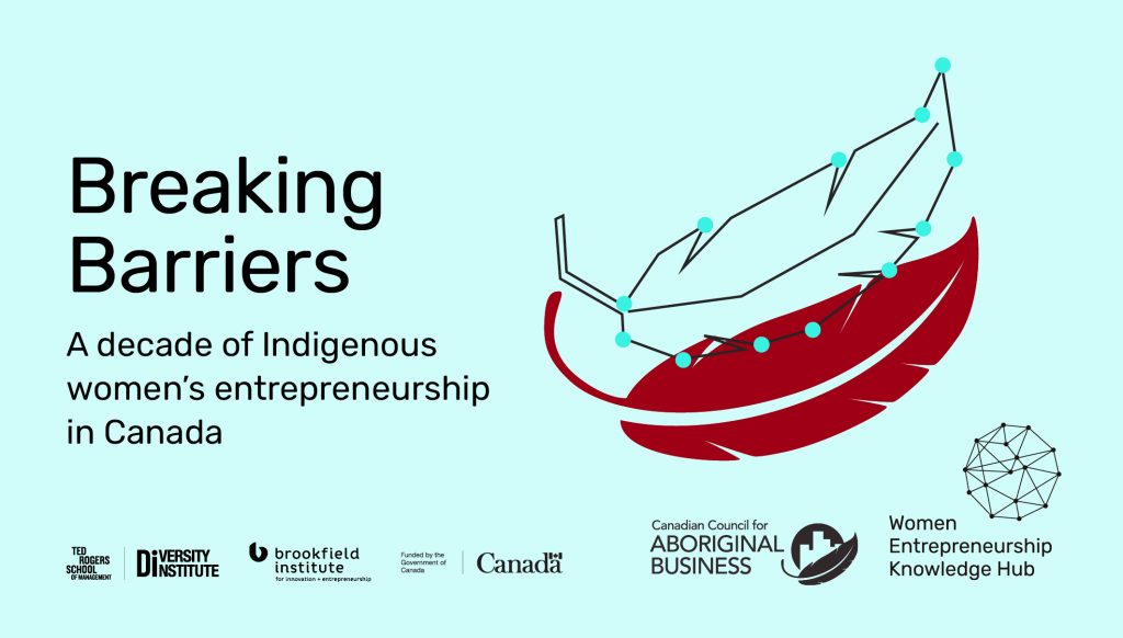 A graphic featuring a red feather beneath another feather drawn in a line-art style with blue points at each corner that also reads, “Breaking Barriers: A decade of Indigenous women’s entrepreneurship in Canada”