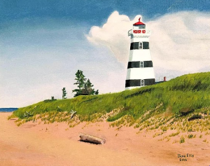 A painting of a black and white striped lighthouse up on a hill with sandy beach below and blue sky.