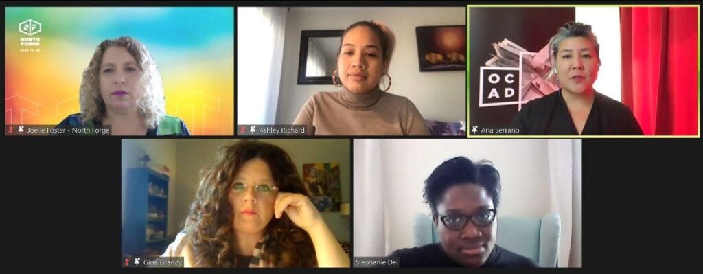 Capture d’écran de Joelle Foster, Ashley Richard, Ana Serrano, Gina Grandy et Stephanie Dei, avec Ana Serrano en train de parler.