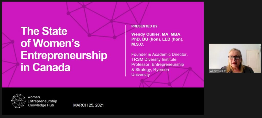 A screenshot of Wendy Cukier presenting a slide deck entitled, “The State of Women’s Entrepreneurship in Canada” on a magenta background with line art orbs featured in the WEKH logo