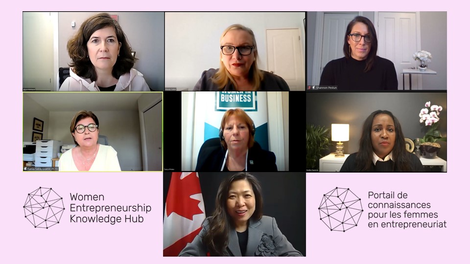 A graphic featuring screenshots of all speakers and presenters atop a pale pink background, including Alison Kirland, Wendy Cukier, Shannon Pestun, Tania Saba, Tanya Priske, Nadine Spencer, and Mary Ng, with Tania Saba speaking