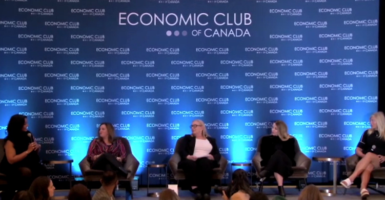A screenshot from the broadcast of the discussion featuring, from left to right, Komal Minhas, Dr. Rachel Toledano, Dr. Wendy Cukier, Rhiannon Rosalind, and Silken Laumann in front of an Economic Club of Canada background.