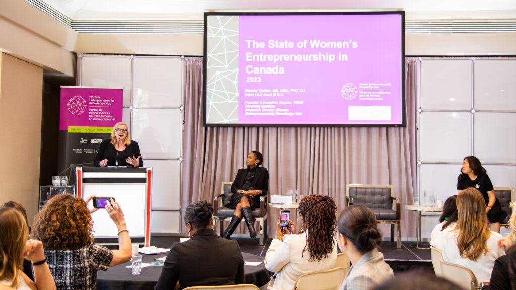 Wendy Cukier, the report’s lead researcher and founder of the Diversity Institute, Sabine Soumare, executive director of WEKH, and the Hon. Mary Ng, Minister of International Trade, Export Promotion, Small Business and Economic Development