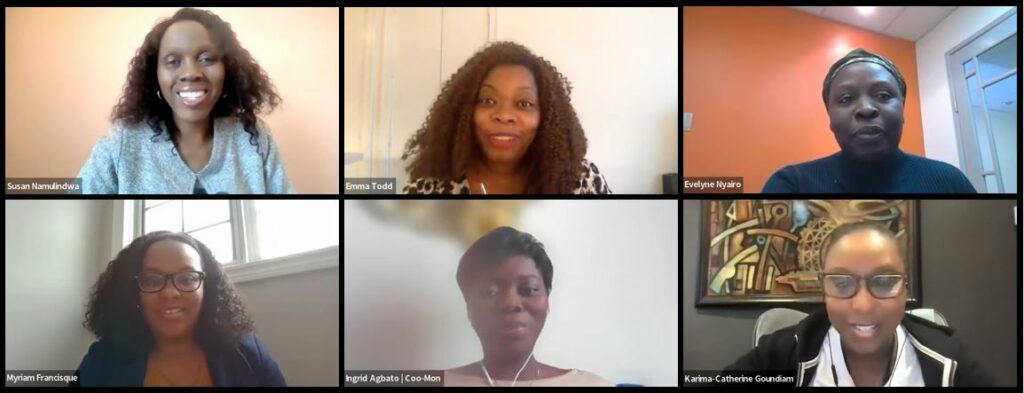 Pictures of the two co-hosts and the four panelists during the webinar. It includes Susan Namulindwa (Africa Trade Desk), Myriam Francisque (EDC), Emma Todd (MMH Blockchain Group), Evelyne Nyairo (Ellie Bianca), Ingrid Agbato (Coo-Mon Accessoires et Cultures), and Karima-Catherine Goundiam (Red Dot Digital / B2BeeMatch).