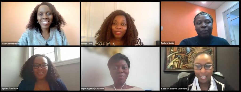 Photos des deux co-animateurs et des quatre panélistes pendant le webinaire. Il s'agit de Susan Namulindwa (Africa Trade Desk), Myriam Francisque (EDC), Emma Todd (MMH Blockchain Group), Evelyne Nyairo (Ellie Bianca), Ingrid Agbato (Coo-Mon Accessoires et Cultures), et Karima-Catherine Goundiam (Red Dot Digital / B2BeeMatch).