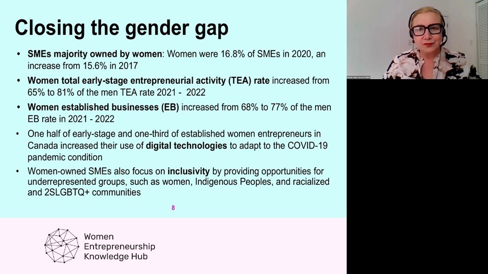 Screen capture of a presentation and data on “Closing the gender gap” within the entrepreneurial ecosystem in Canada.
