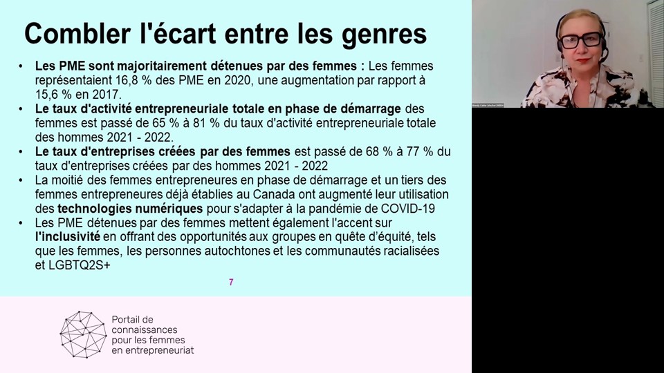 Capture d'écran d'une présentation et de données sur le thème « Combler l'écart entre les genres » au sein de l'écosystème entrepreneurial au Canada