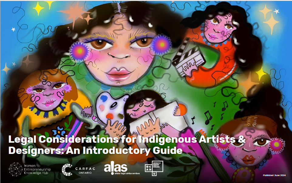 An artistic depiction of Indigenous women in creative fields, with title of the document below and logos of all the partners.